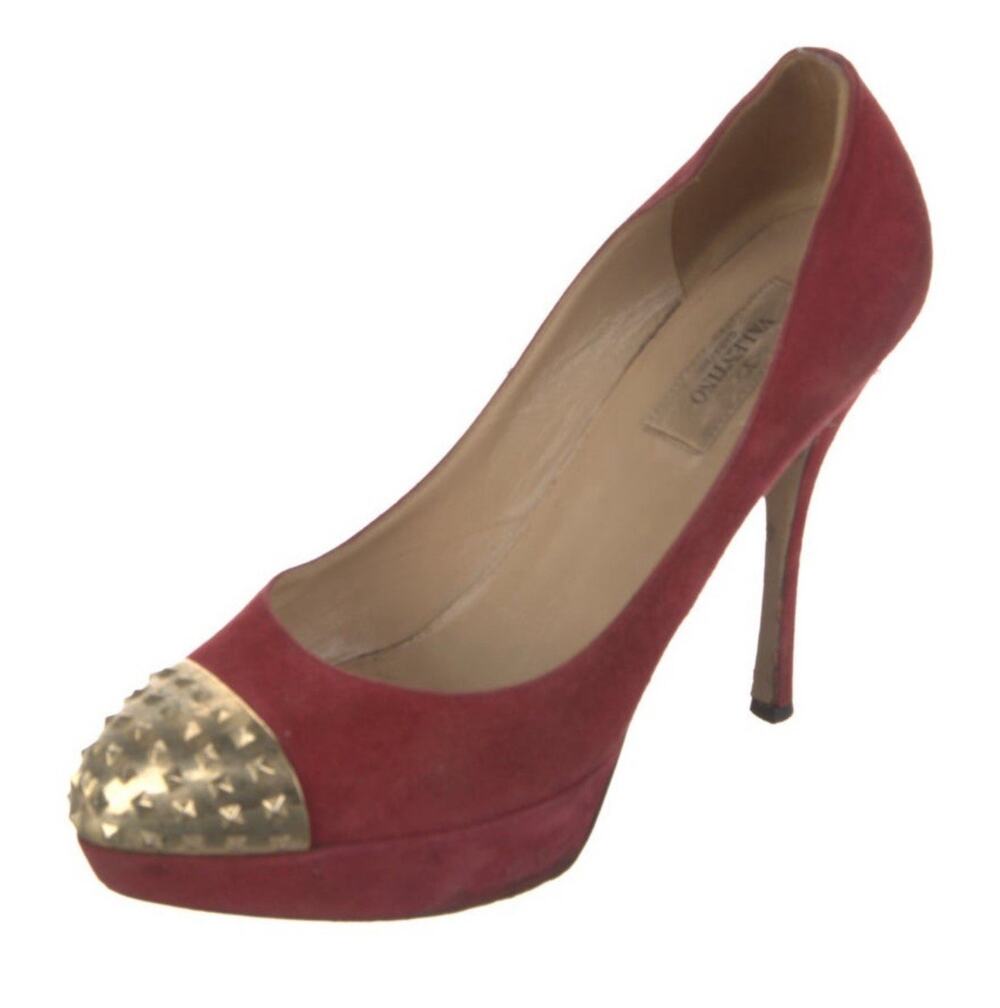 AUTH Valentino Red Suede Rock Studded Gold Toe Cap Stiletto Heel Pump Sz 38.5